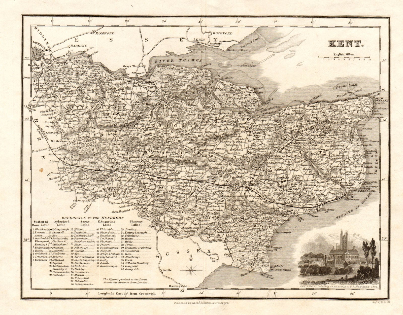 Antique county map of Kent by Archibald Fullarton c1833 old chart